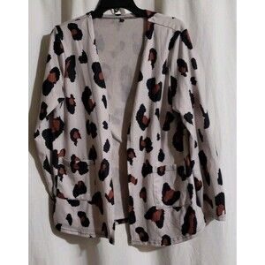 Women's Large Leopard Print Open Front Cardigan Beige Black Stretch Pockets